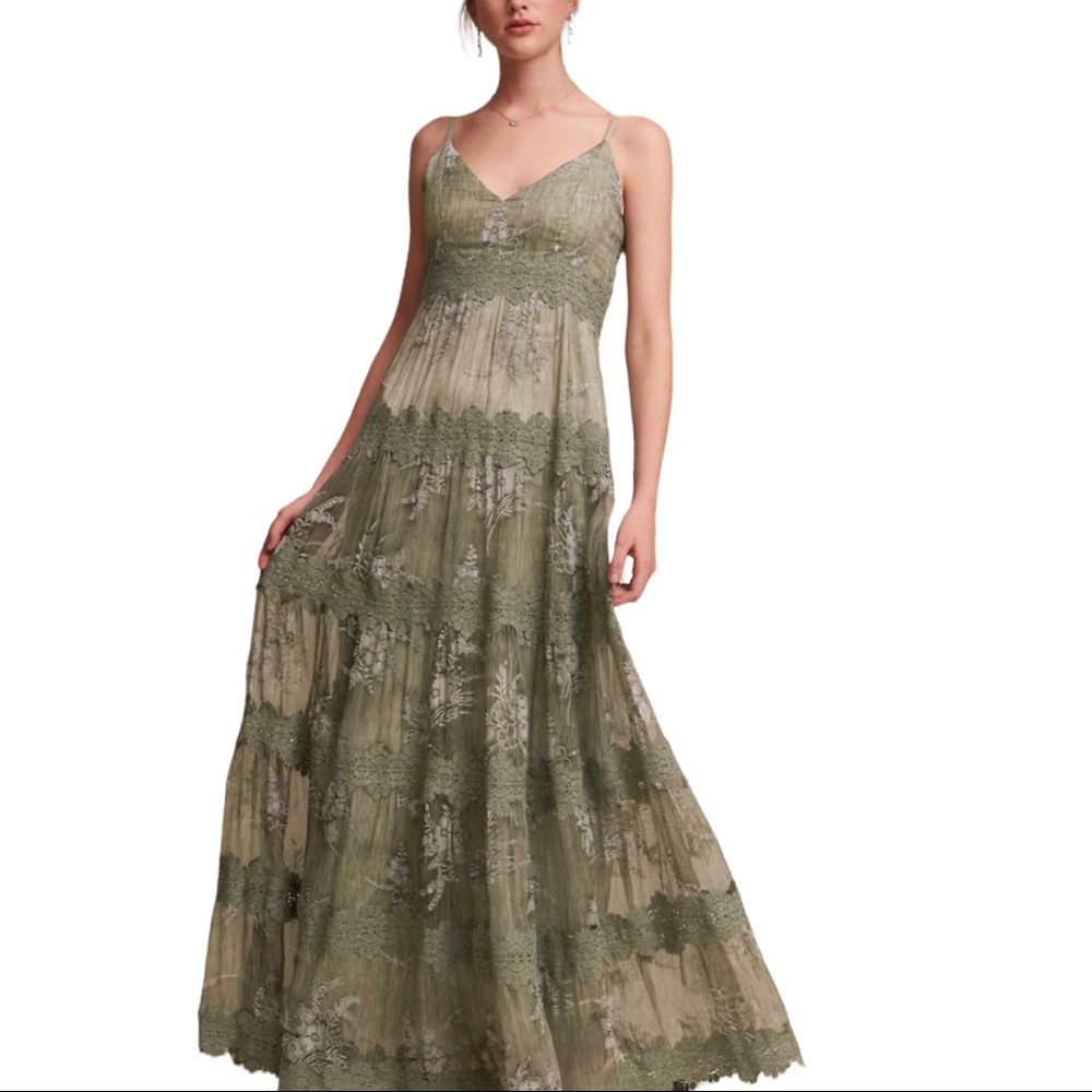NWT BHLDN Anthropologie Joni 2 Green Embroidered Applique Silk Lace Formal Gown